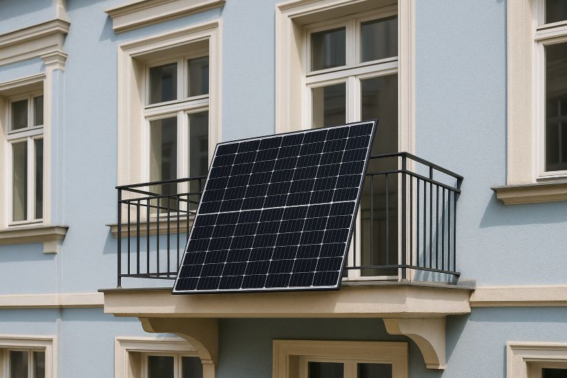 Steckersolargerät oder Balkonkraftwerk von Geranien umrandet