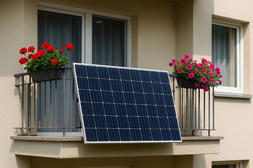 Steckersolargerät oder Balkonkraftwerk von Geranien umrandet