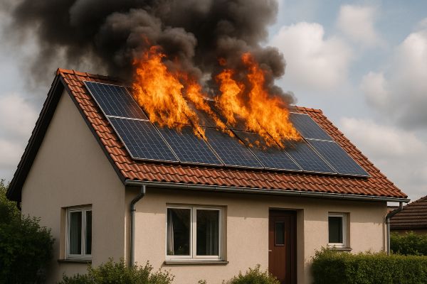 Brennende Solaranlage auf dem Dach eines Hauses