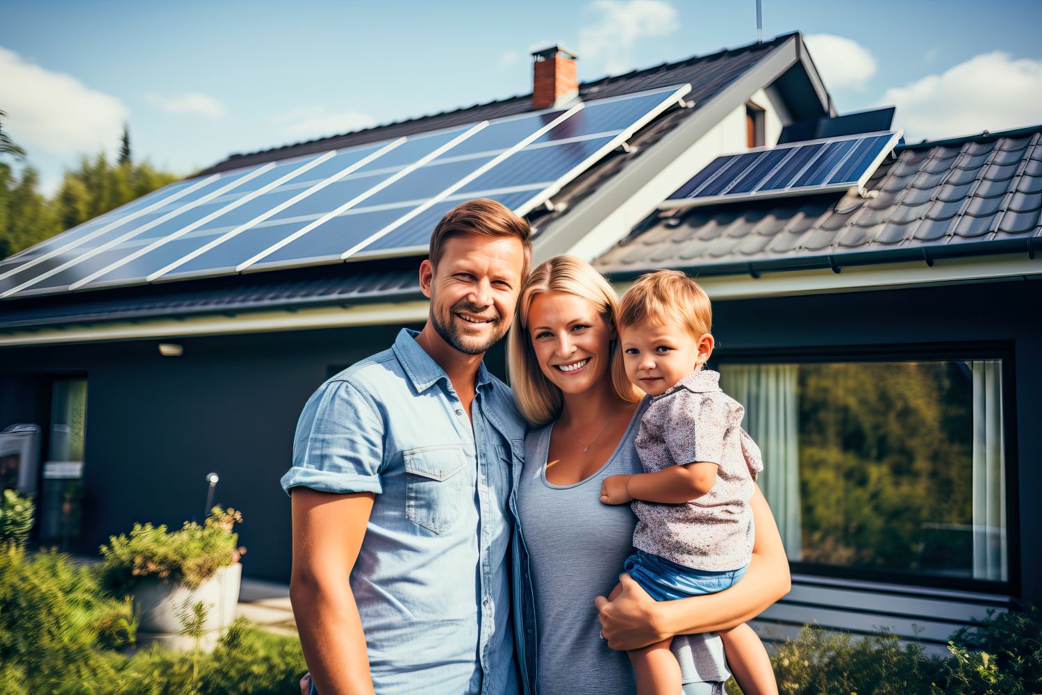 Familie mit Einfamilienhaus und Photovoltaik