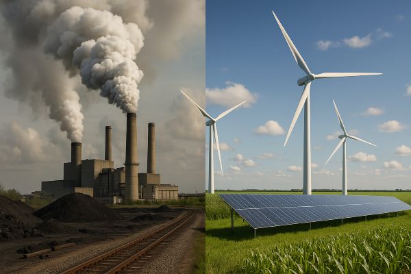 Kontrastbild: links fossiles Kraftwerk, rechts Solar- und Windenergie