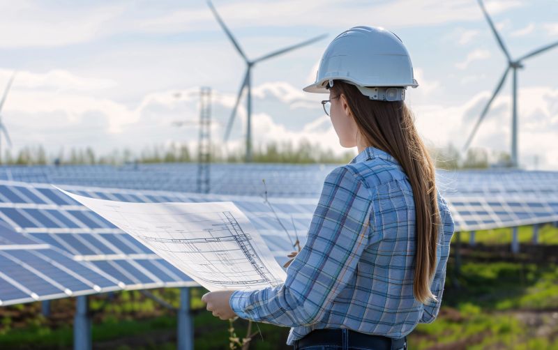 Frau vor Solarfeld und Windkraft im Hintergrund