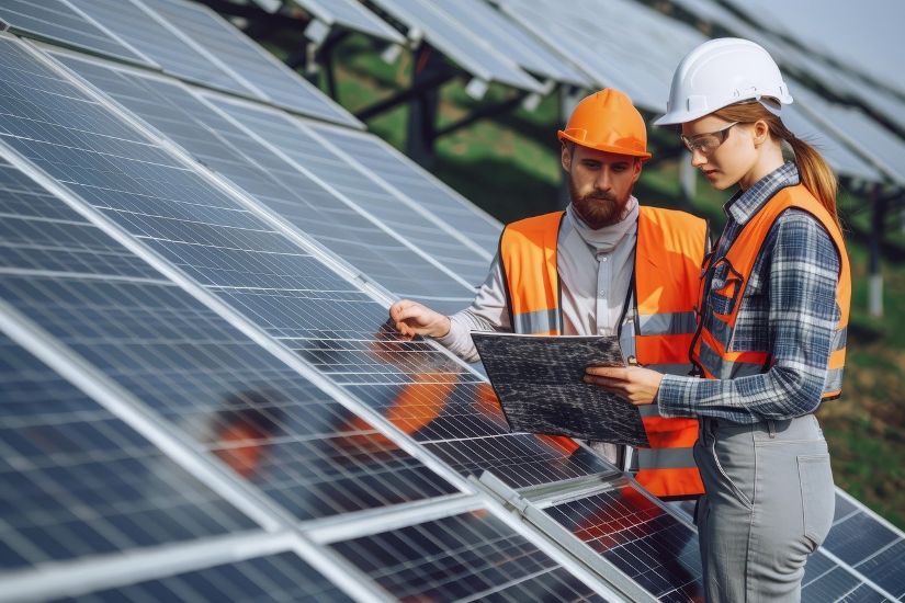 Solaranlage: Handwerker prüfen Photovoltaikanlage