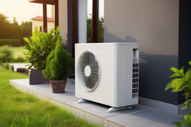 Wärmepumpe am Haus mit Garten